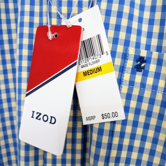 NWT- IZOD Blue & Yellow Gingham Check Men's Shirt - Picture 3 of 6
